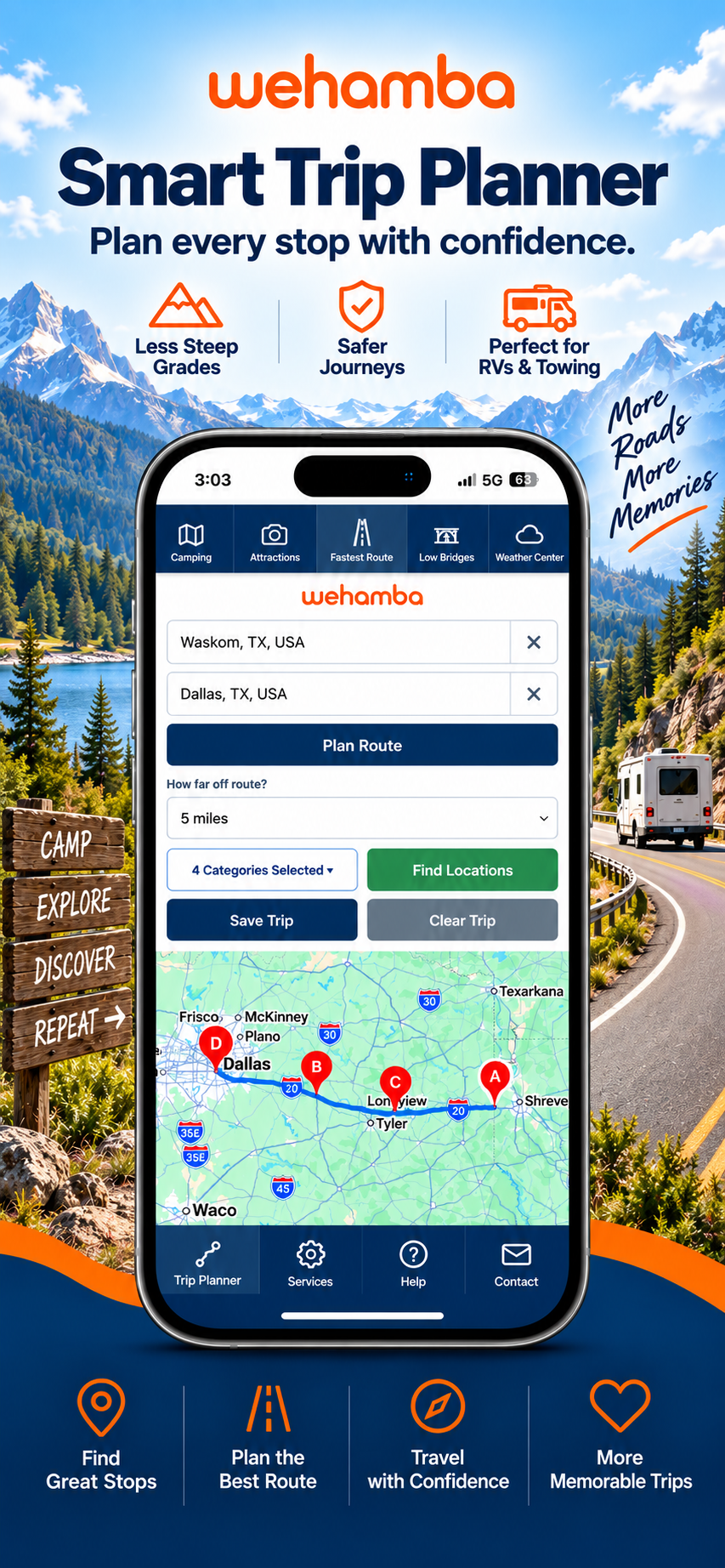 Wehamba RV Trip Planner route and stops